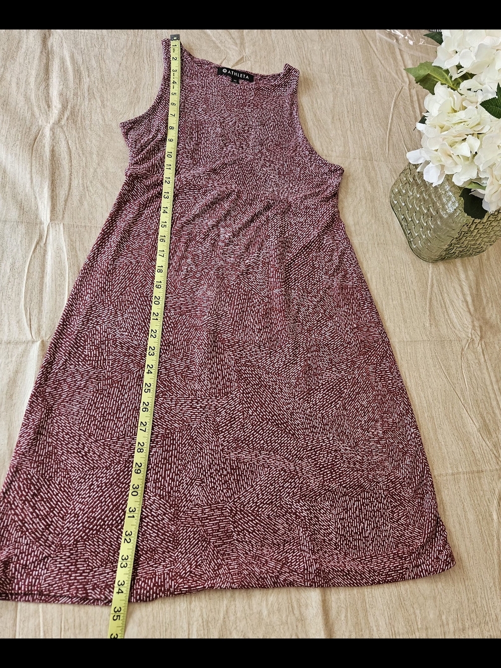 ATHLETA XS Maroon White Dash Print Modal Blend Sleeveless Shift Dress Soft Stre - Picture 11 of 12